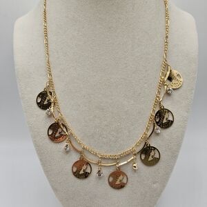 VINTAGE Unique Gold Tone Laser Cut Lady Silhouette Charm Rhinestone Necklace